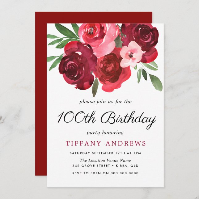 Watercolor Romantic Red Roses 100th Birthday Party Invitation (Front/Back)