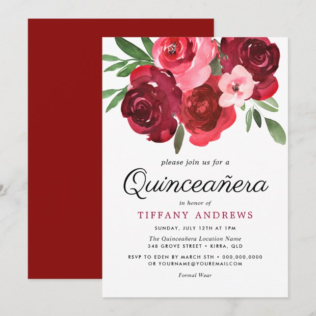 Watercolor Romantic Red Roses Quinceanera Invite (Front/Back)