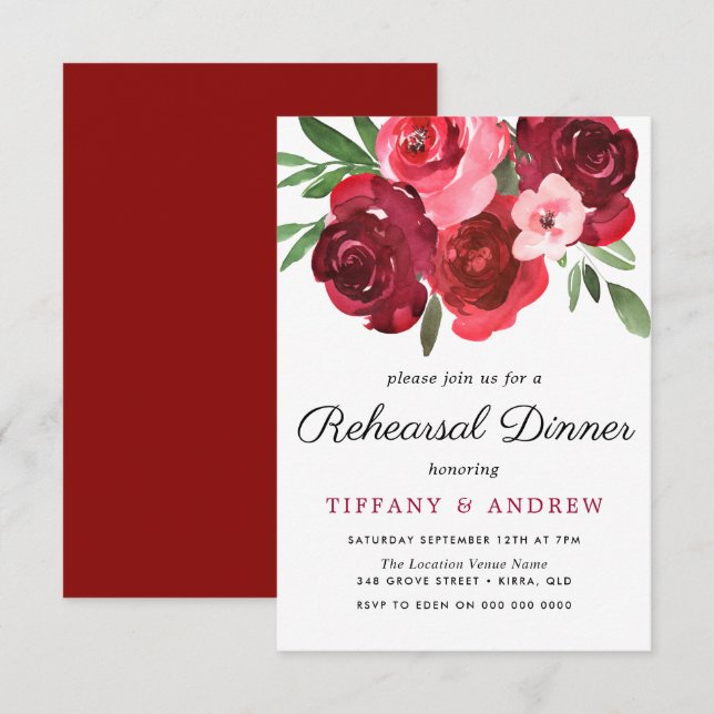 Watercolor Romantic Red Roses Rehearsal Dinner Invitation (Front/Back)
