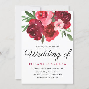 Watercolor Romantic Red Roses Wedding Invite