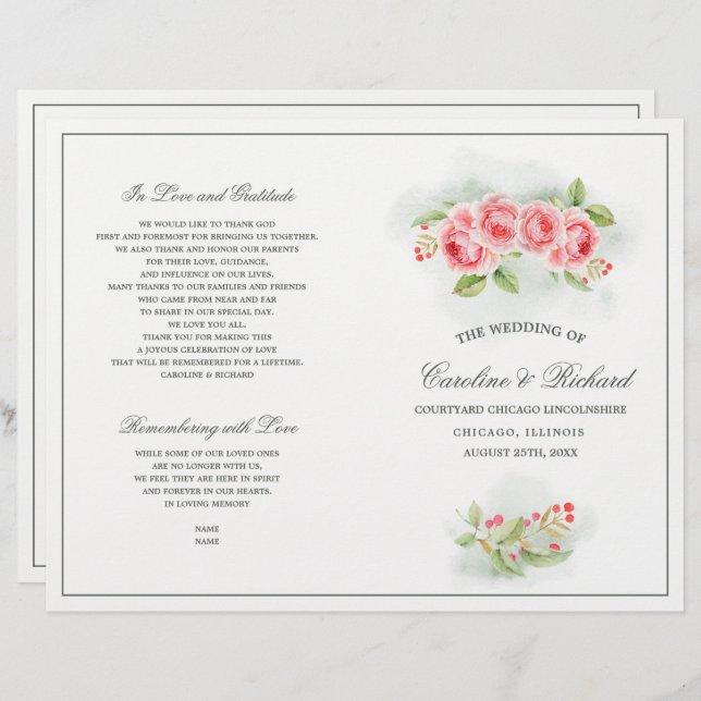 Watercolor Romantic Roses Folded Wedding Programs (Front/Back)