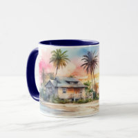 Watercolor Romantic Sunset Beach and Cottage Mug