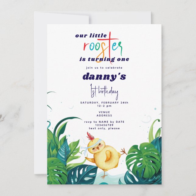 Watercolor Rooster Any Age Boy 1st Birthday Party Invitation (Front)