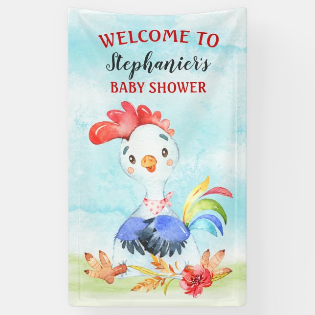 Watercolor Rooster Baby Shower Farm Banner (Vertical)