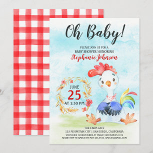 Watercolor Rooster Baby Shower Farm Invitation