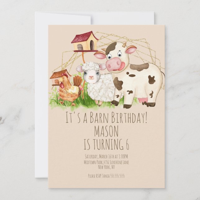 Watercolor Rooster Barn Animals Farm Birthday Invitation (Front)