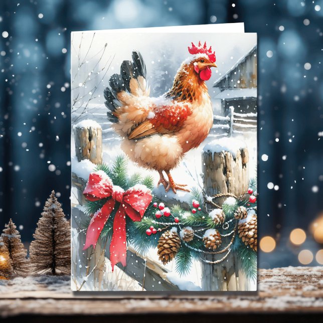 Watercolor Rooster on a Fence Post Christmas Holiday Card (Creator Uploaded)