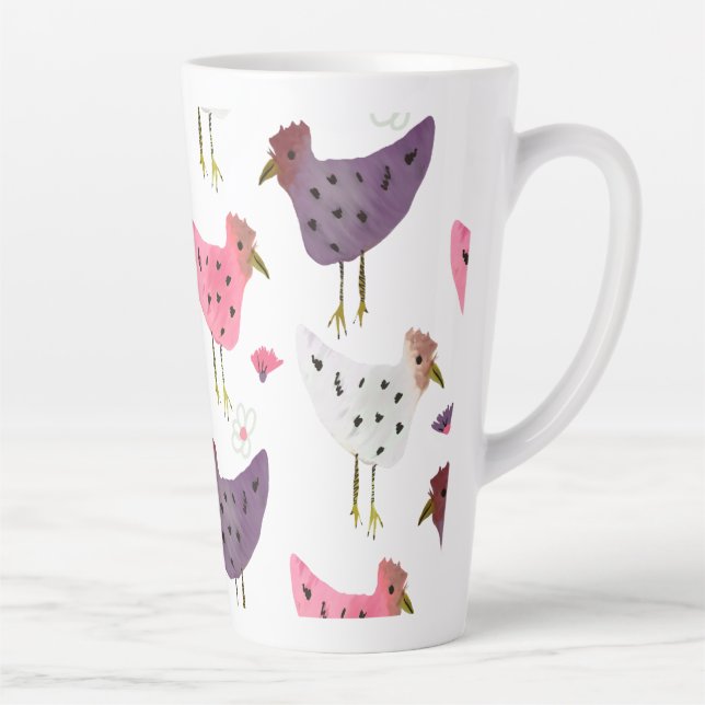 Watercolor Rooster Pink Purple Floral Pattern   Latte Mug (Right)
