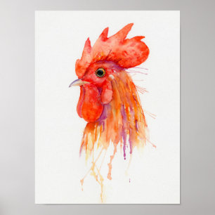 Watercolor Rooster Portrait Golden Rooster Poster