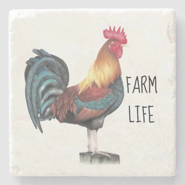 Watercolor Rooster Stone Coaster (Front)