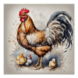 Watercolor Rooster with Chicks no 4 Poster