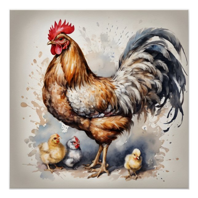 Watercolor Rooster with Chicks no 4 Poster (Front)