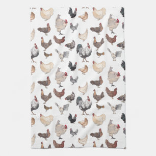 Watercolor Roosters and Hens Tea Towel
