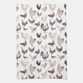 Watercolor Roosters and Hens Tea Towel