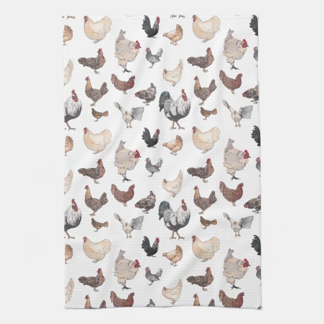 Watercolor Roosters and Hens Tea Towel (Vertical)