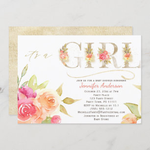 Watercolor Rose and Gold Baby Girl Shower Invitation