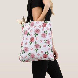 Watercolor Rose and Paw Print Tote Bag