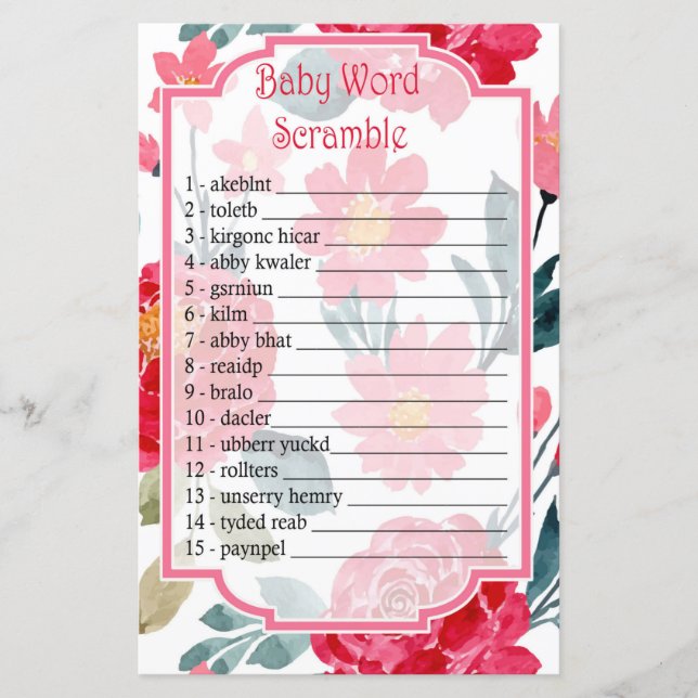 Watercolor rose Baby word scramble game (Front)