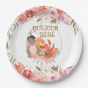 Watercolor Rose Bonjour Girl Baby Paper Plate