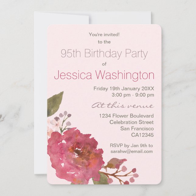 Watercolor Rose Bouquet 95th Birthday Party Invitation (Front)