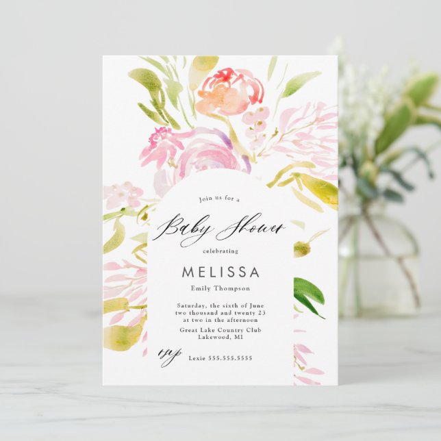 Watercolor Rose bouquet Baby Shower Invitation (Standing Front)