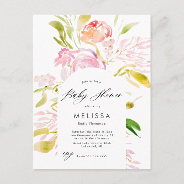Watercolor Rose bouquet Baby Shower Invitation Postcard (Front)