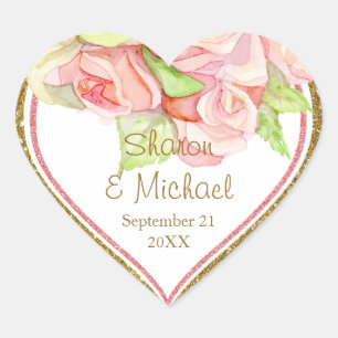 Watercolor Rose Bouquet Blush Pink Bridal Shower Heart Sticker