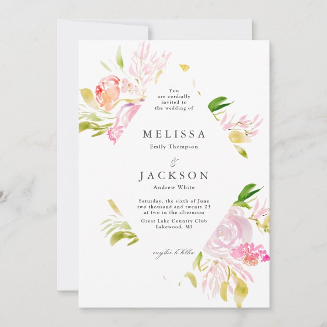 Watercolor Rose Bouquet Diamond Wedding Invitation (Front)