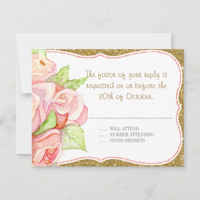 Watercolor Rose Bouquet Gold Blush Pink RSVP (Front)