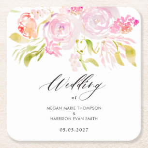Watercolor rose bouquet  square paper coaster