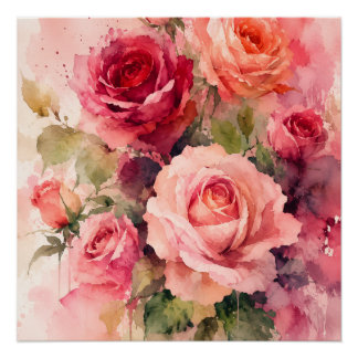 Watercolor Rose Bouquet Wall Art Print