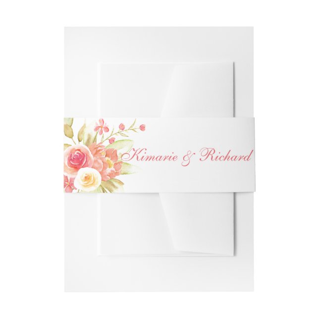 Watercolor Rose Bouquet Wedding Invitation Belly Band (Front Example)