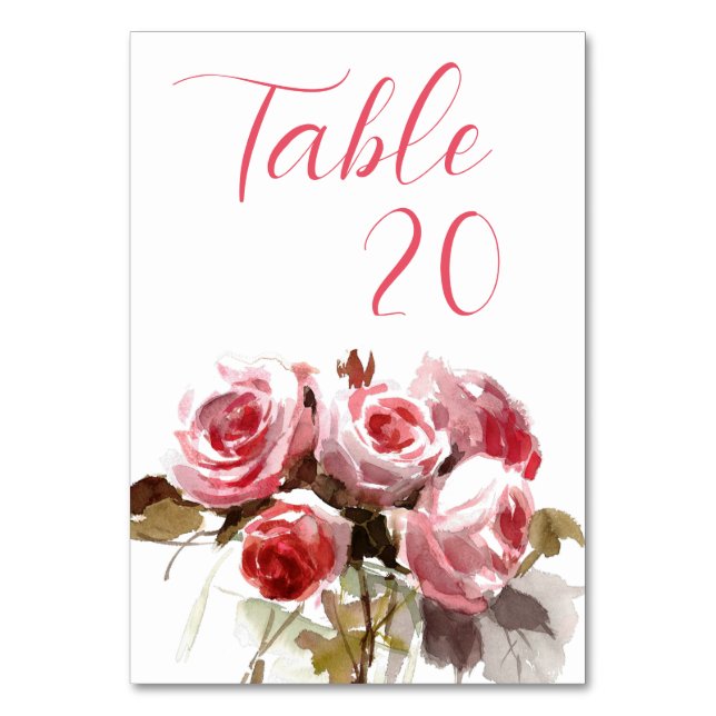 Watercolor Rose Bouquet Wedding Reception Table Number (Front)