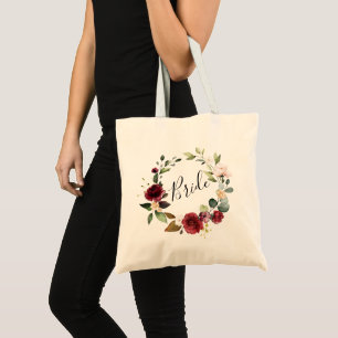 Watercolor Rose Burgundy Floral Wreath Bride Tote Bag