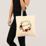 Watercolor Rose Burgundy Floral Wreath Name Tote Bag<br><div class="desc">Elegant watercolor rose burgundy wine floral wreath with modern script name. Great gift idea tote bag for wedding party gift,  someone special or for you.</div>