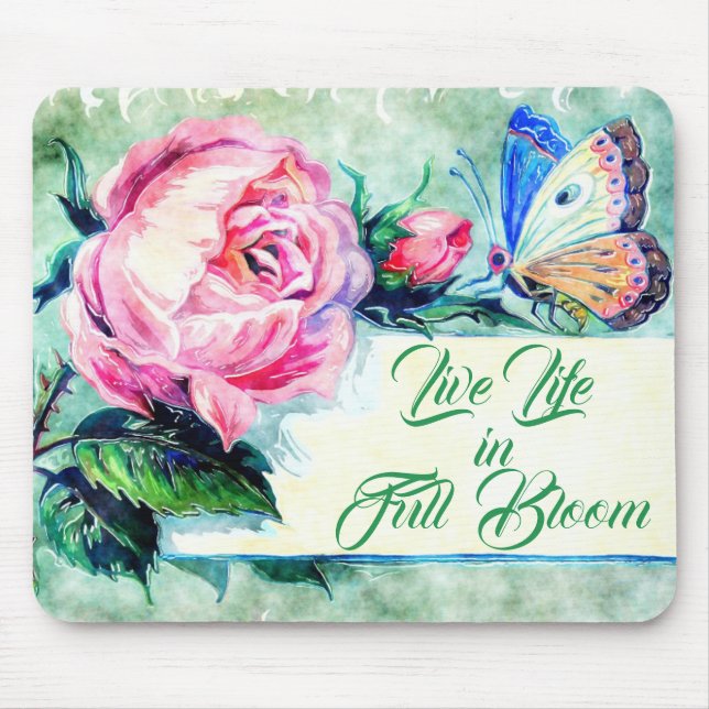 Watercolor Rose & Butterfly Inspirational Quote Mouse Mat (Front)