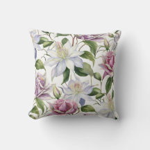 Watercolor Rose & Clematis Garden Throw Pillow