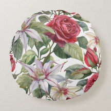 Watercolor Rose & Clematis Round Floral Pillow