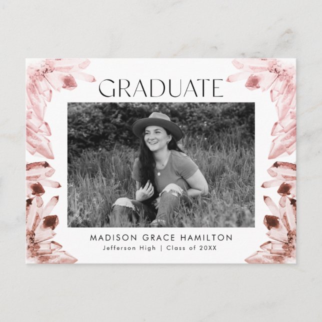 Watercolor Rose Crystal Photo Graduation Party Invitation Postcard (Front)