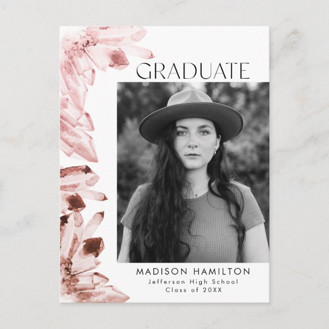 Watercolor Rose Crystal Photo Graduation Party Invitation Postcard (Front)