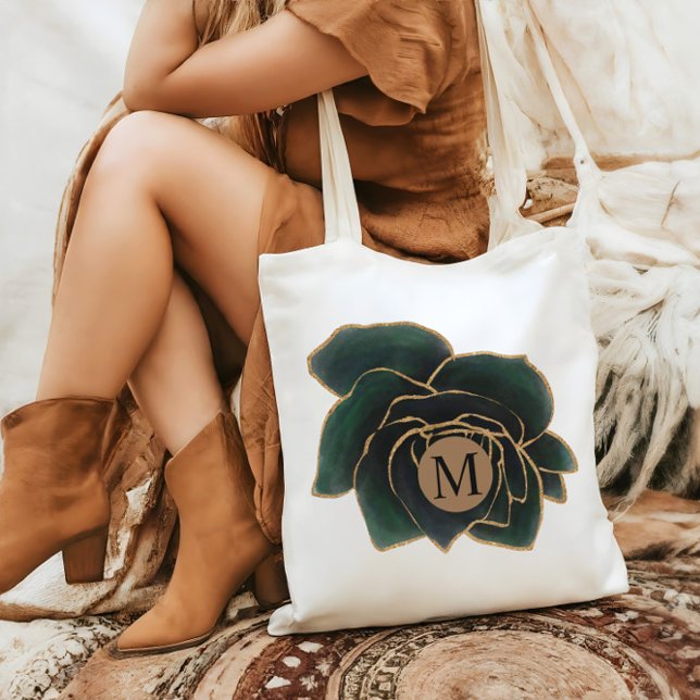 Watercolor Rose Faux Gold And Green Monogram Tote Bag (Creator Uploaded)