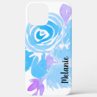 Watercolor Rose Floral Blue Purple Monogrammed   