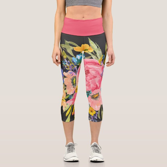Watercolor Rose Floral Bouquet Capri Leggings (Front)