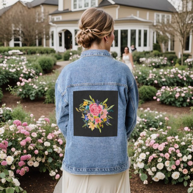 Watercolor Rose Floral Bouquet Denim Jacket (Wedding Back)