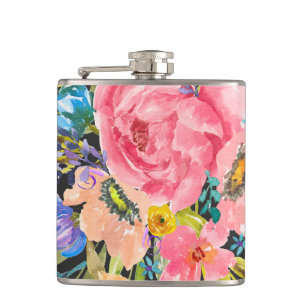 Watercolor Rose Floral Bouquet Hip Flask