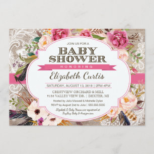 Watercolor Rose Floral & Lace Boho Baby Shower Invitation
