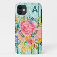 Watercolor Rose Floral Spray with Initial