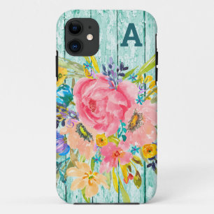 Watercolor Rose Floral Spray with Initial iPhone 11 Case