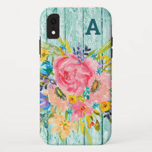 Watercolor Rose Floral Spray with Initial iPhone XR Case