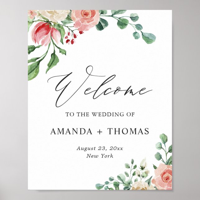 Watercolor Rose Floral Wedding Welcome Sign (Front)